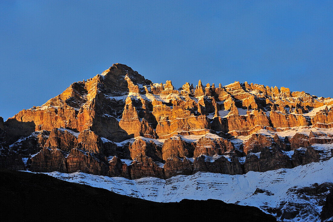Sunset at rock face of gorge near Testa, Zanskar Range Traverse, Zanskar Range, Zanskar, Ladakh, India