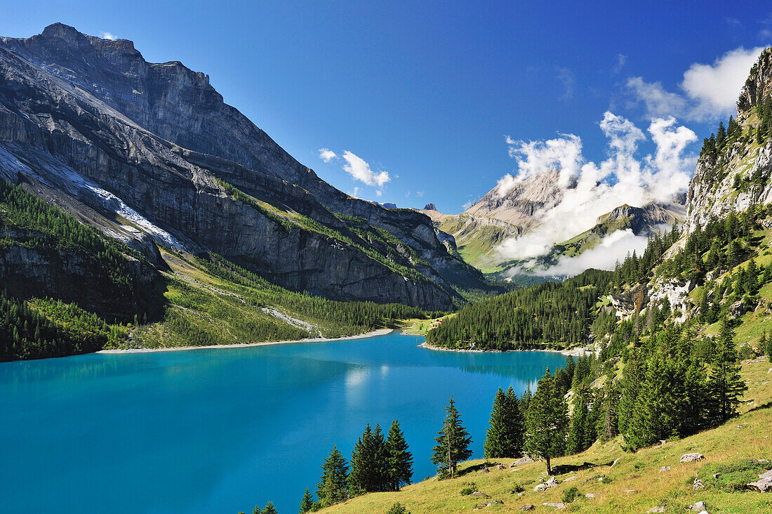 Mountain scenery with Oeschinen Lake, Bluemlisalp, UNESCO World Heritage Site Jungfrau-Aletsch protected area, Bernese Oberland, canton of Bern, Switzerland