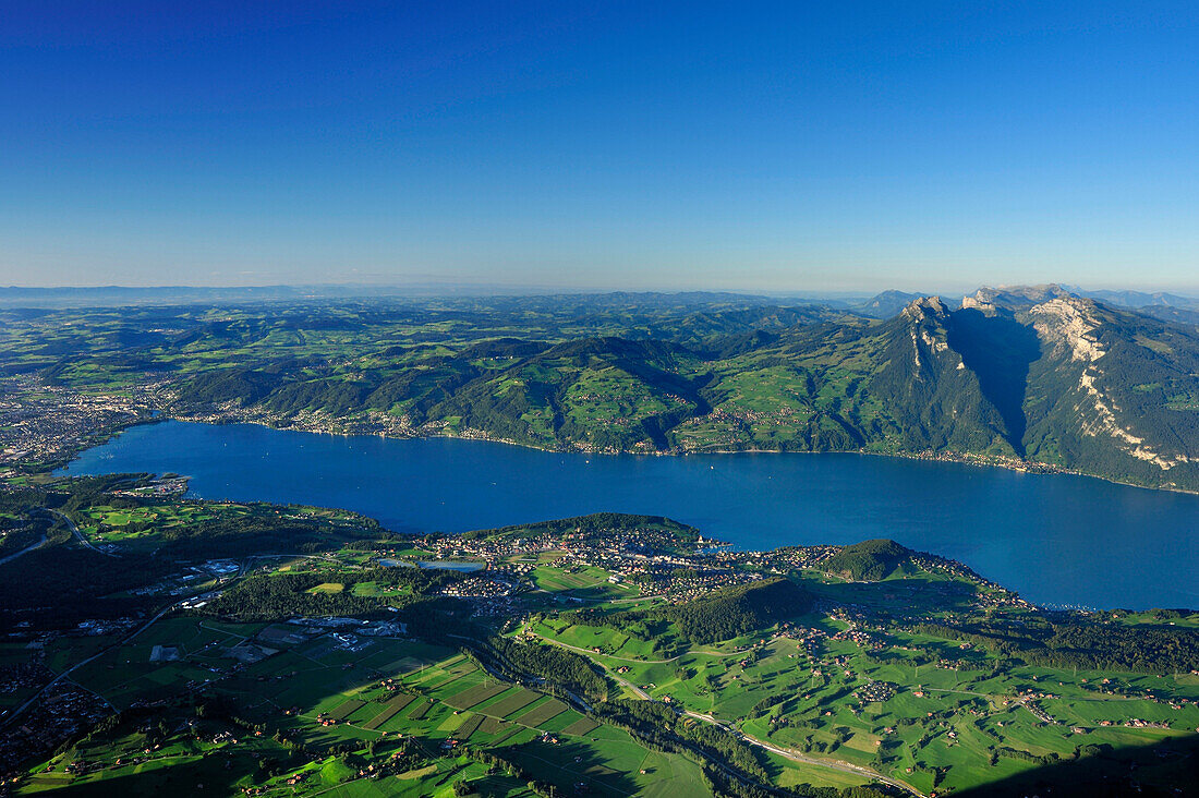 View from mount Niesen over Lake Thun to Sigriswiler Rothorn, UNESCO World Heritage Site Jungfrau-Aletsch protected area, Bernese Oberland, canton of Bern, Switzerland
