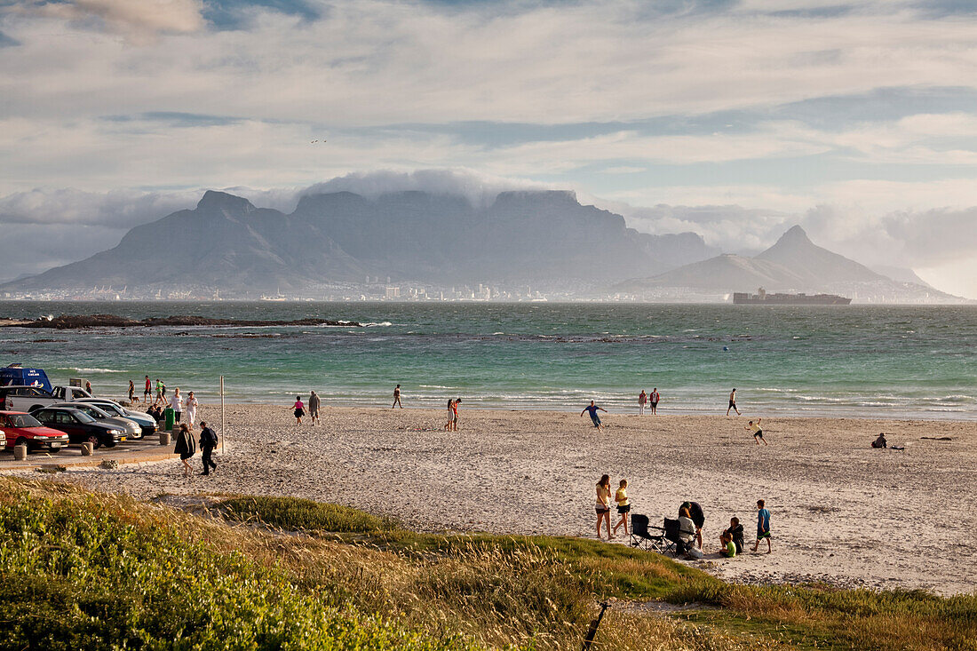 Beach impression at Bloubergstrand with views of Table Mountain and Cape Town, Western Cape, South Africa, RSA, Africa