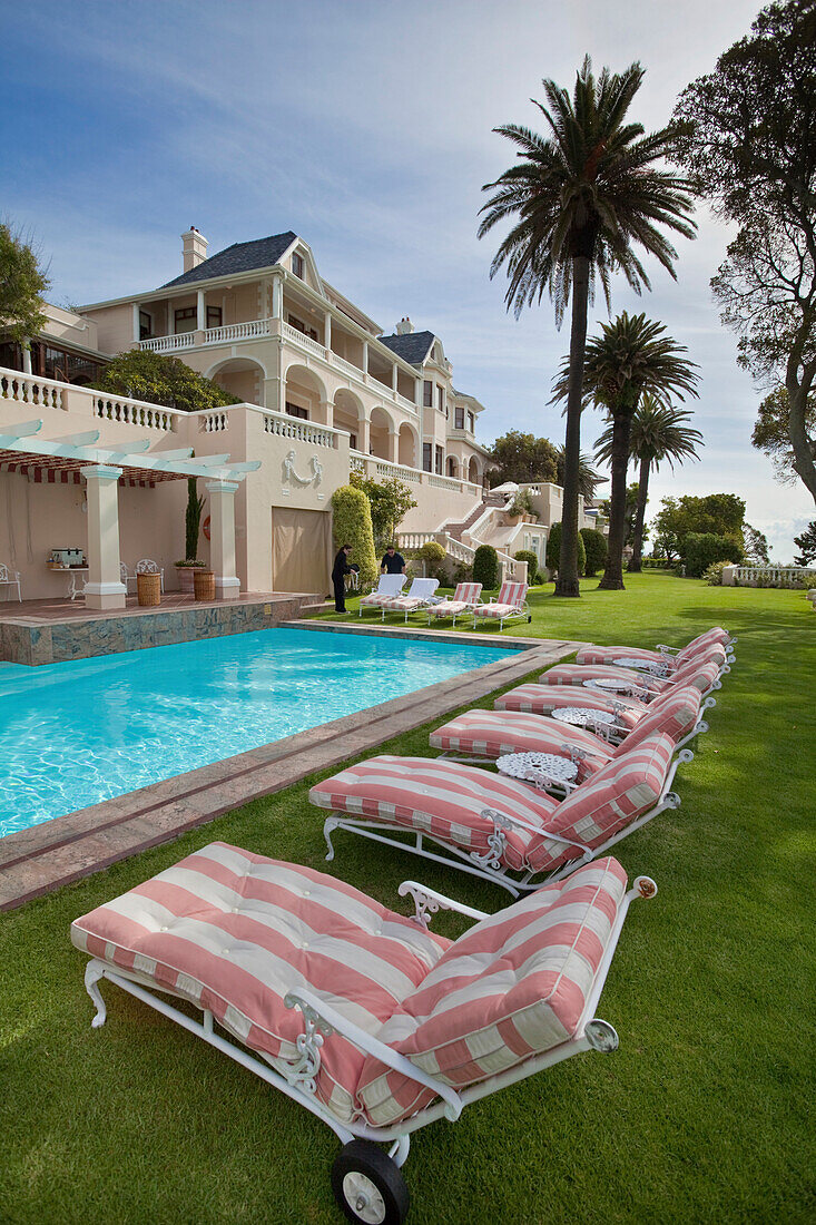 Garden terrace at the swimming pool of the Hotel Ellerman House, Bantry Bay, Cape Town, Western Cape, South Africa