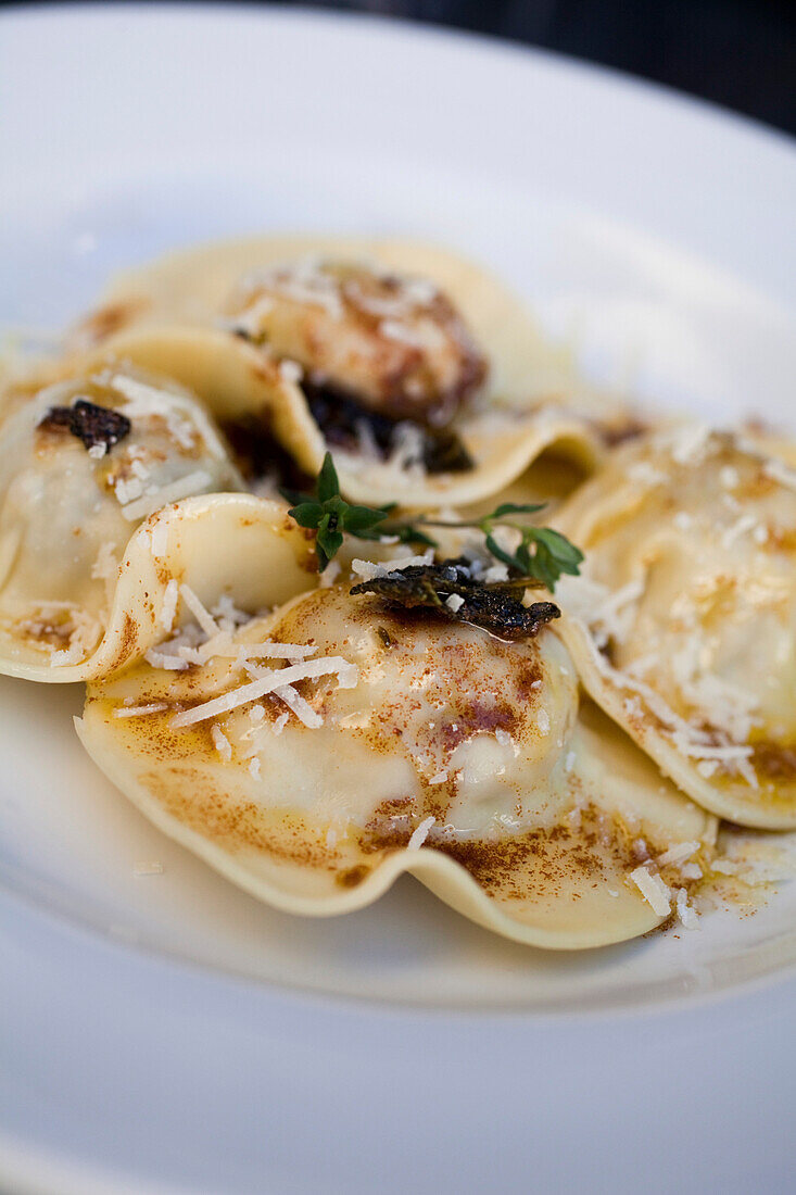 Homemade ravioli of slow baked lamb shoulder with sage butter and parmesan cheese, Restaurant Carne SA, Cape Town, Western Cape, South Africa