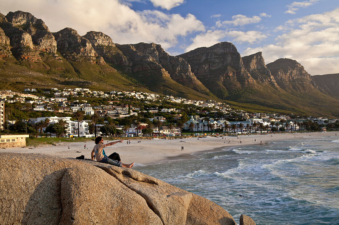 Evening impression at Camps Bay with view to Mountain Range Twelve Apostels, Camps Bay, Cape Town, Western Cape, South Africa, RSA, Africa