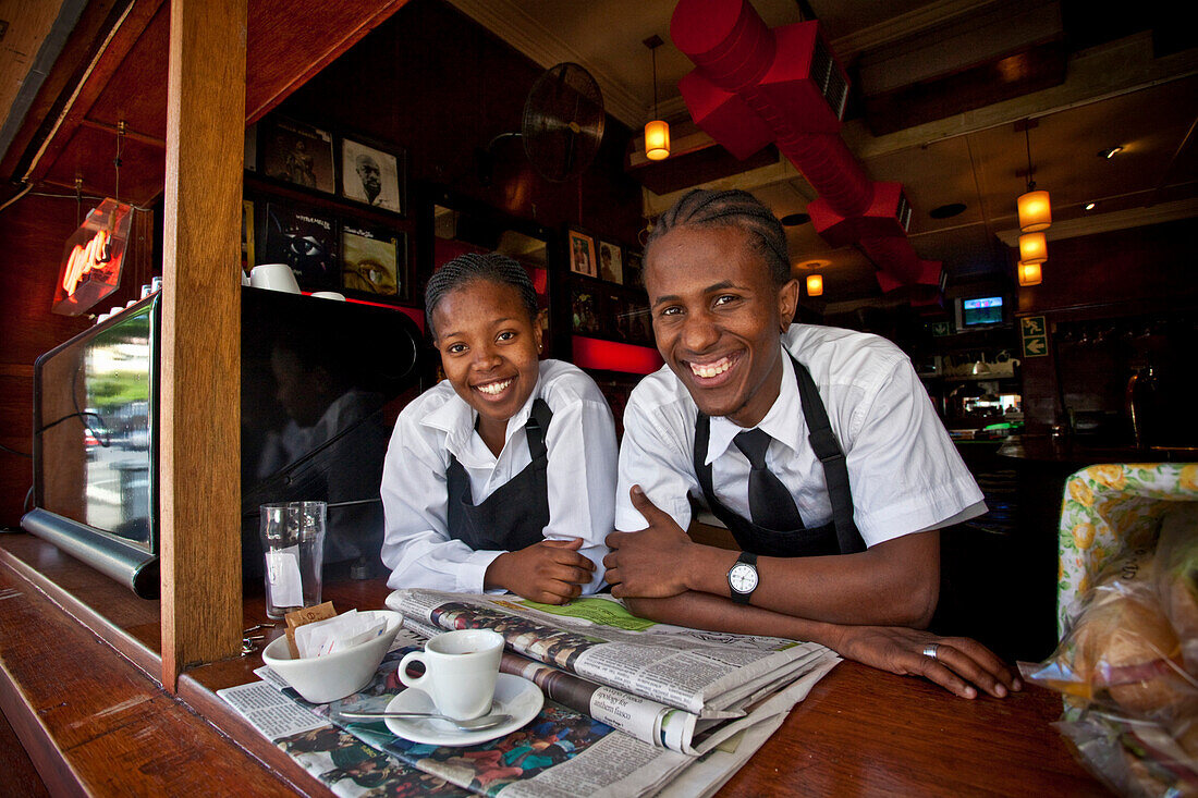 Two waiters at a coffee shop on Long Street, Cape Town, Western Cape, South Africa