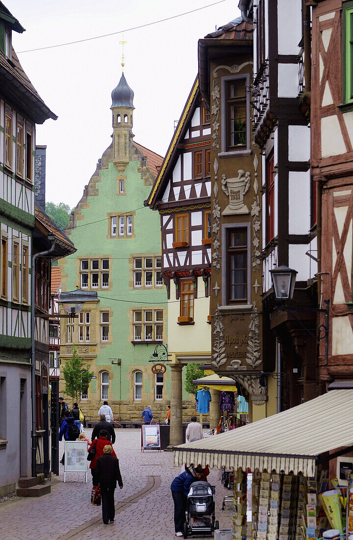 Town hall and half-timbered houses in Schmalkalden, Thuringian Forest, Thuringia, Germany