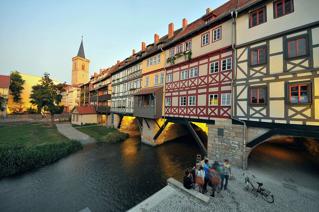 Kraemerbruecke, Bridge with half timbered buildings on both sides in the evenng light, Erfurt, Thuringia, Germany