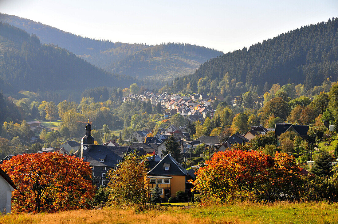 View of Manebach near Ilmenau, Thuringian Forest, Thuringia, Germany