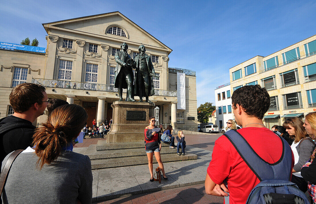 German National Theatre with Goethe and Schiller memorial on Theatre square, Weimar, Thuringia, Germany