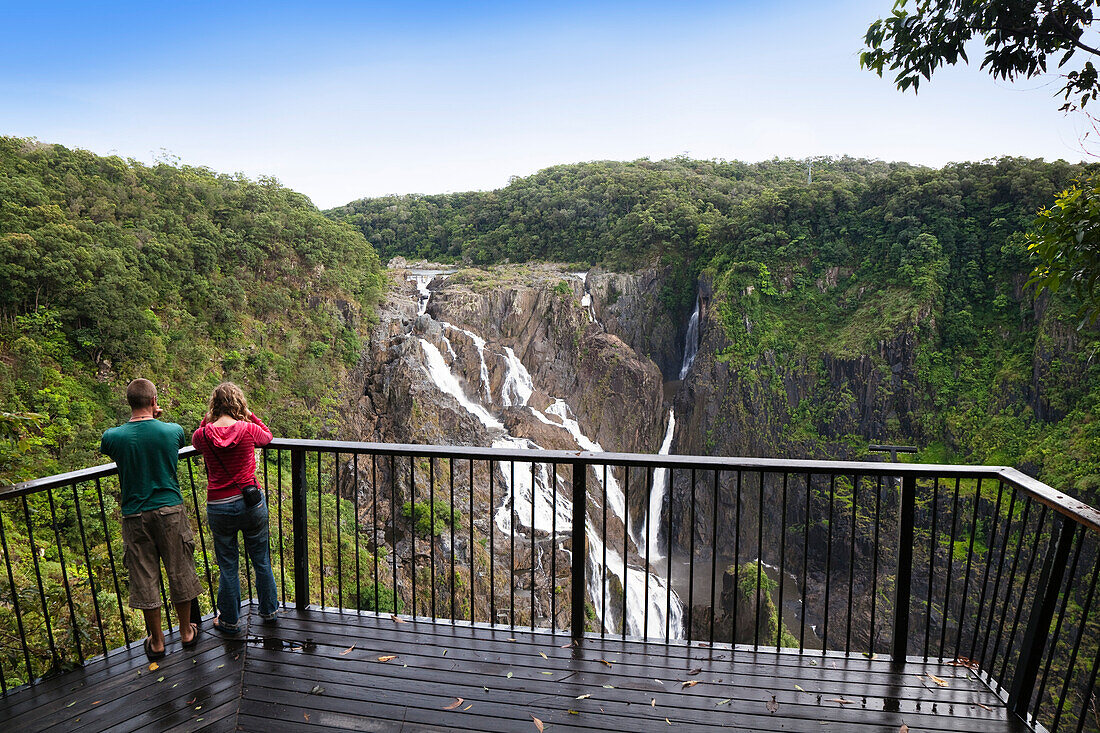 People on viewing platform at Barron Falls near Kuranda, Barron Gorge National Park, Queensland, Australia