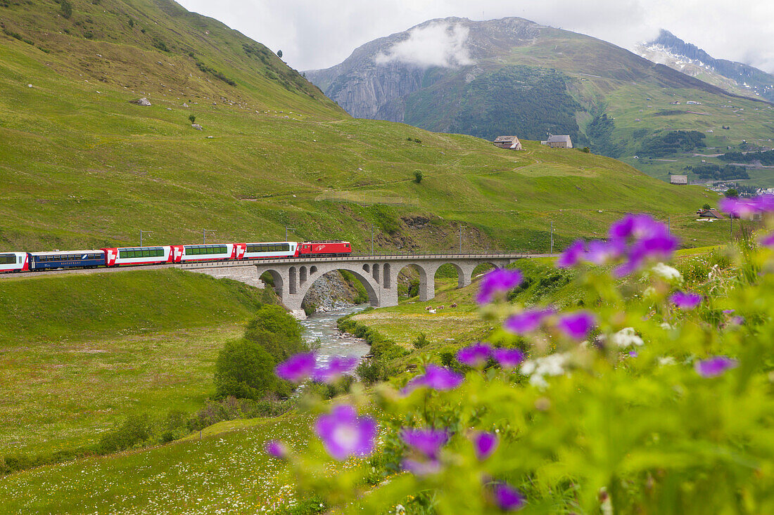 Glacier Express überquert die Richlerenbrücke über die Furkareuss im Urserental bei Andermatt, Uri, Schweiz