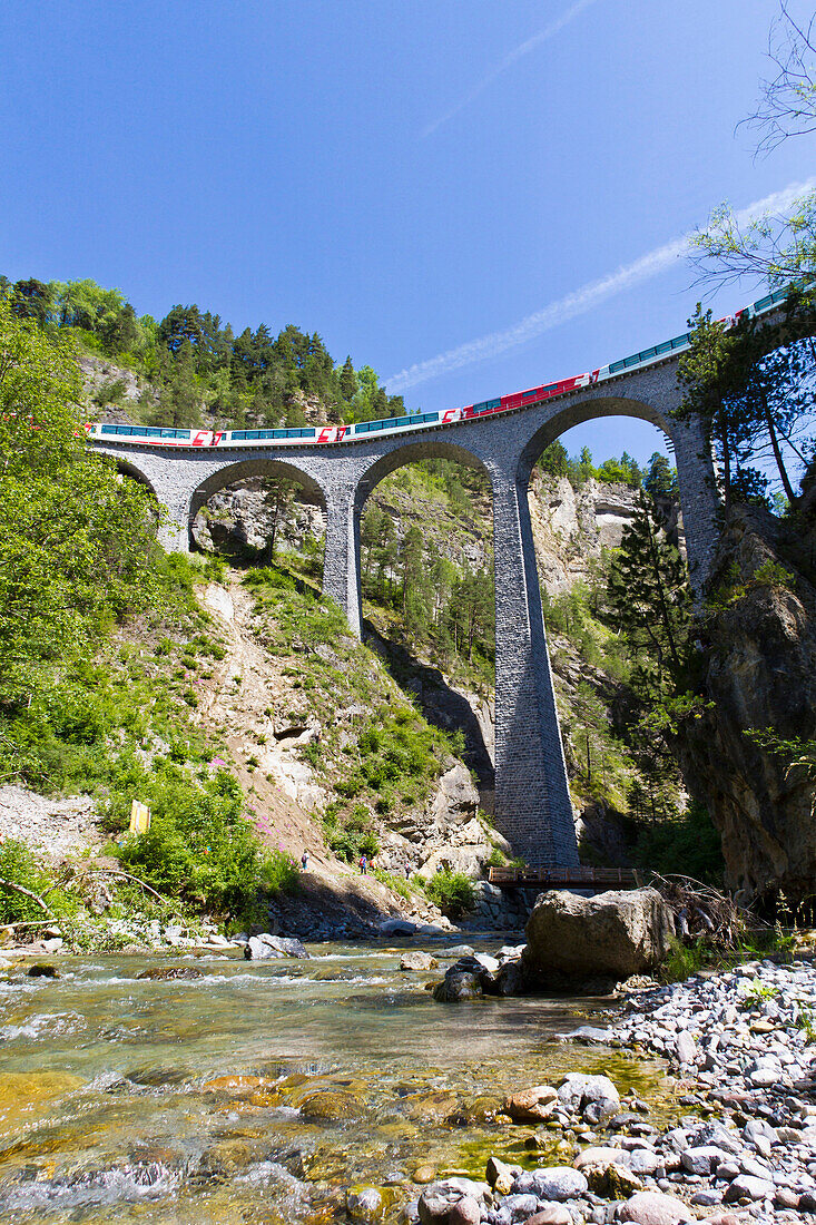 Train, Glacier Express, crossing the Landwasser Viaduct near Filisur, Graubuenden, Switzerland