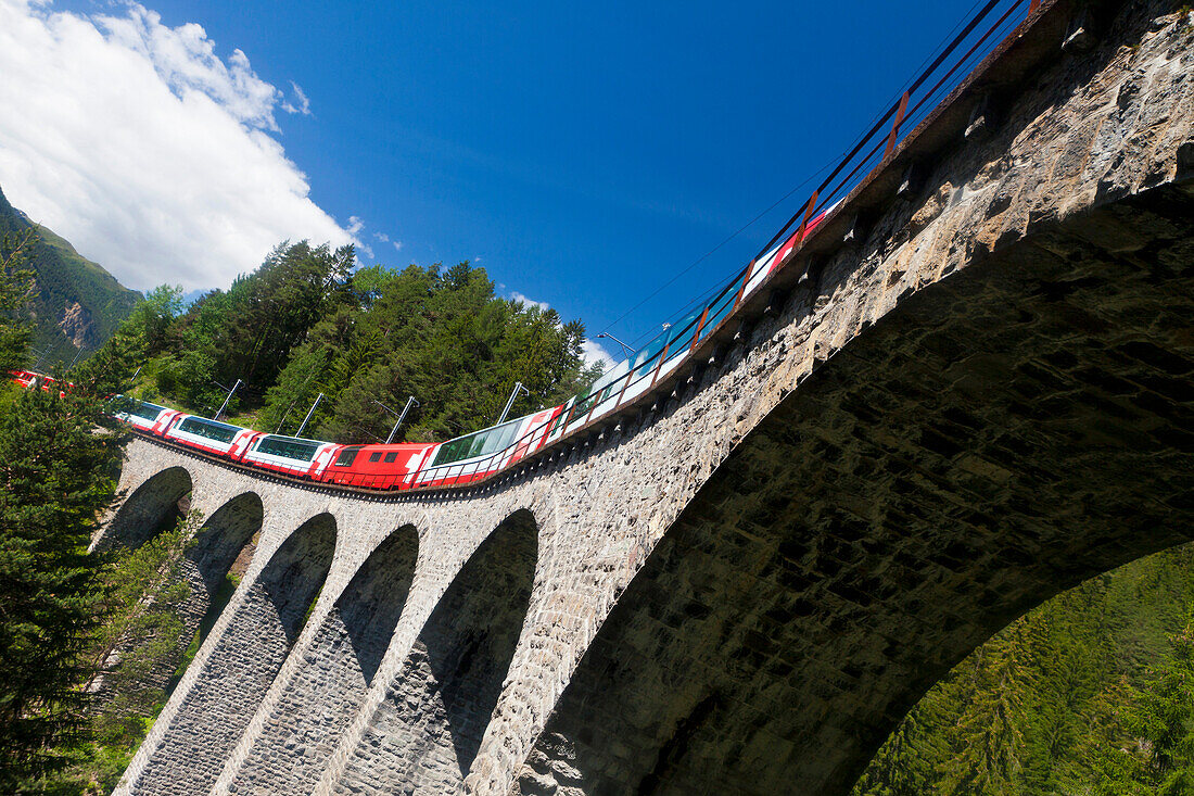 Train, Glacier Express, crossing the Schmittentobel Viaduct, Albula Valley, Graubuenden, Switzerland