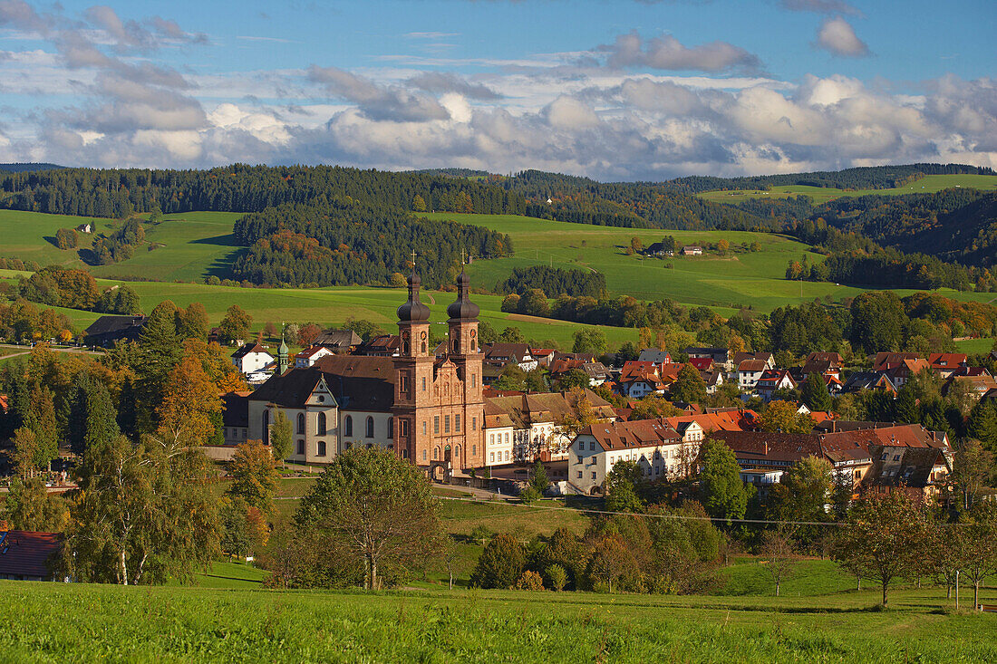 View of  the village of St Peter with abbey, Autumn, Southern Part of Black Forest, Black Forest, Baden-Wuerttemberg, Germany, Europe