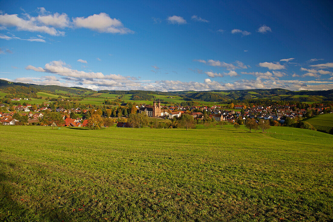 View of the village of St Peter with abbey, Autumn, Southern Part of Black Forest, Black Forest, Baden-Wuerttemberg, Germany, Europe