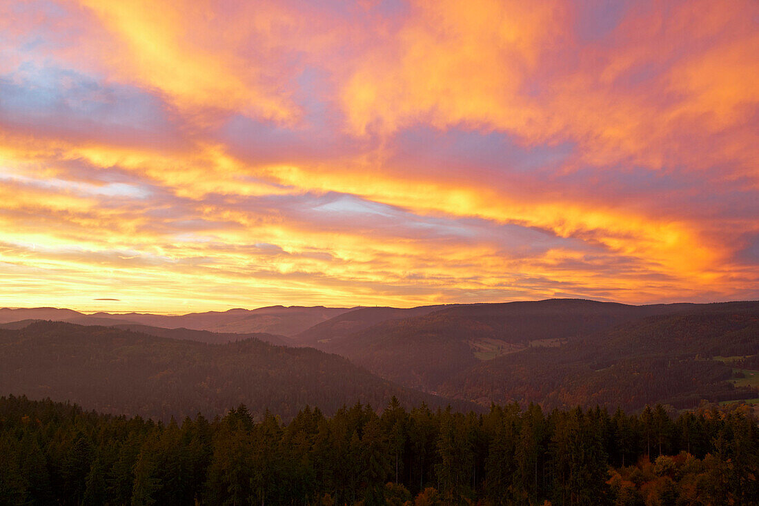 View from Hoechenschwand towards Feldberg mountain, Autumn Evening, Sunset, Southern part of Black Forest, Black Forest, Baden-Wuerttemberg, Germany, Europe