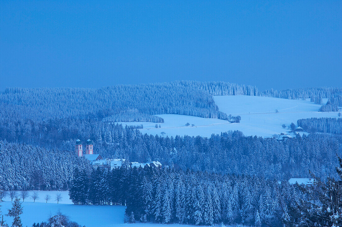 Winter evening view from St Peter towards St Maergen, Black Forest, Baden-Wuerttemberg, Germany, Europe
