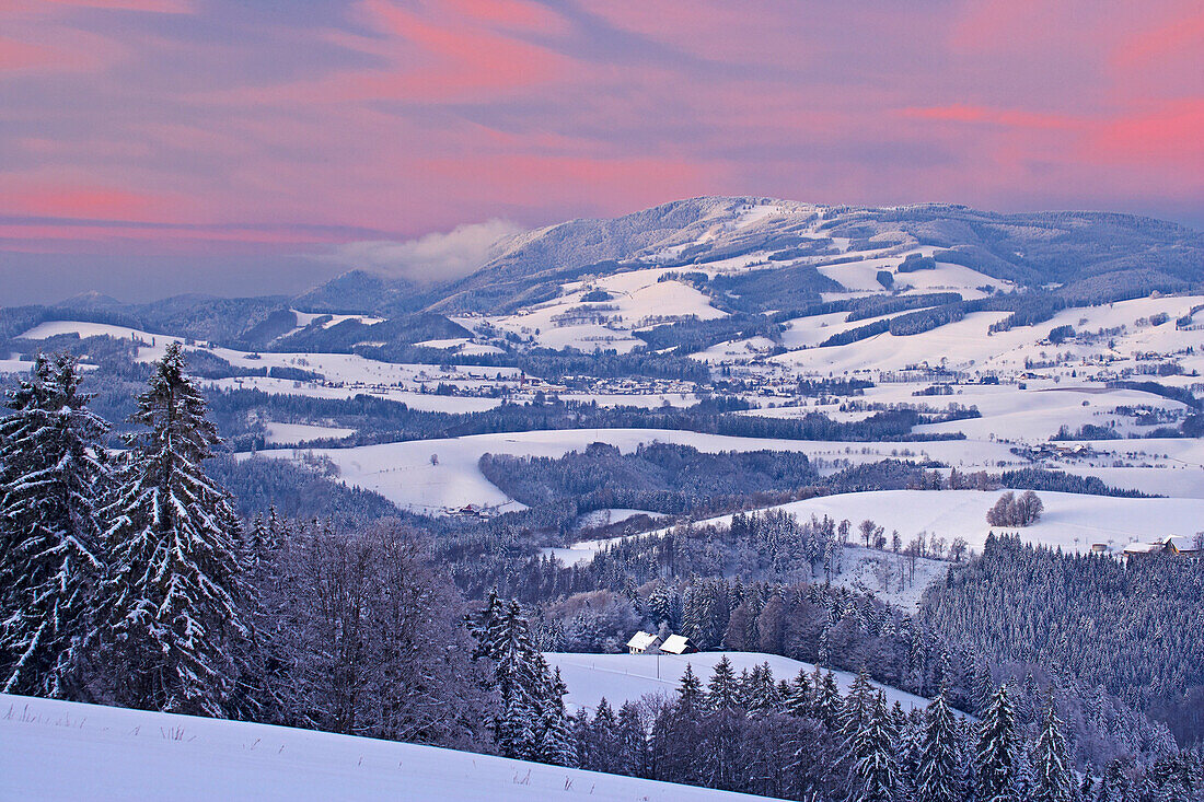 View on a winters evening from Breitnau-Fahrenberg towards Kandel mountain and St Peter, Black Forest, Baden-Wuerttemberg, Germany, Europe