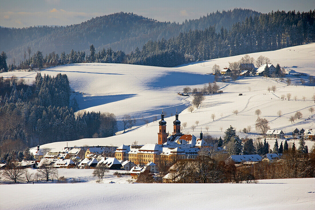 St Peters abbey and the village of St Peter on a winters day, Black Forest, Baden-Wuerttemberg, Germany, Europe