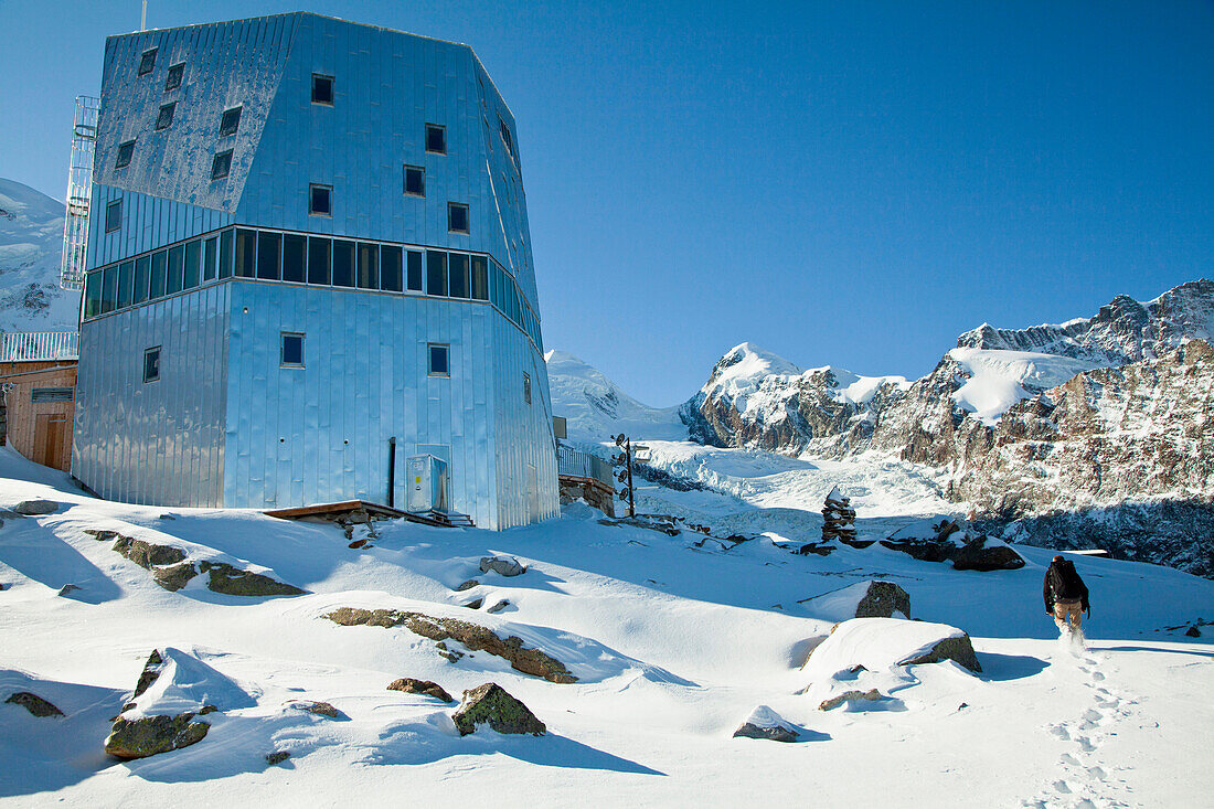 A hut in the mountains, the New Monte Rosa Hut, Zermatt, Valais, Switzerland