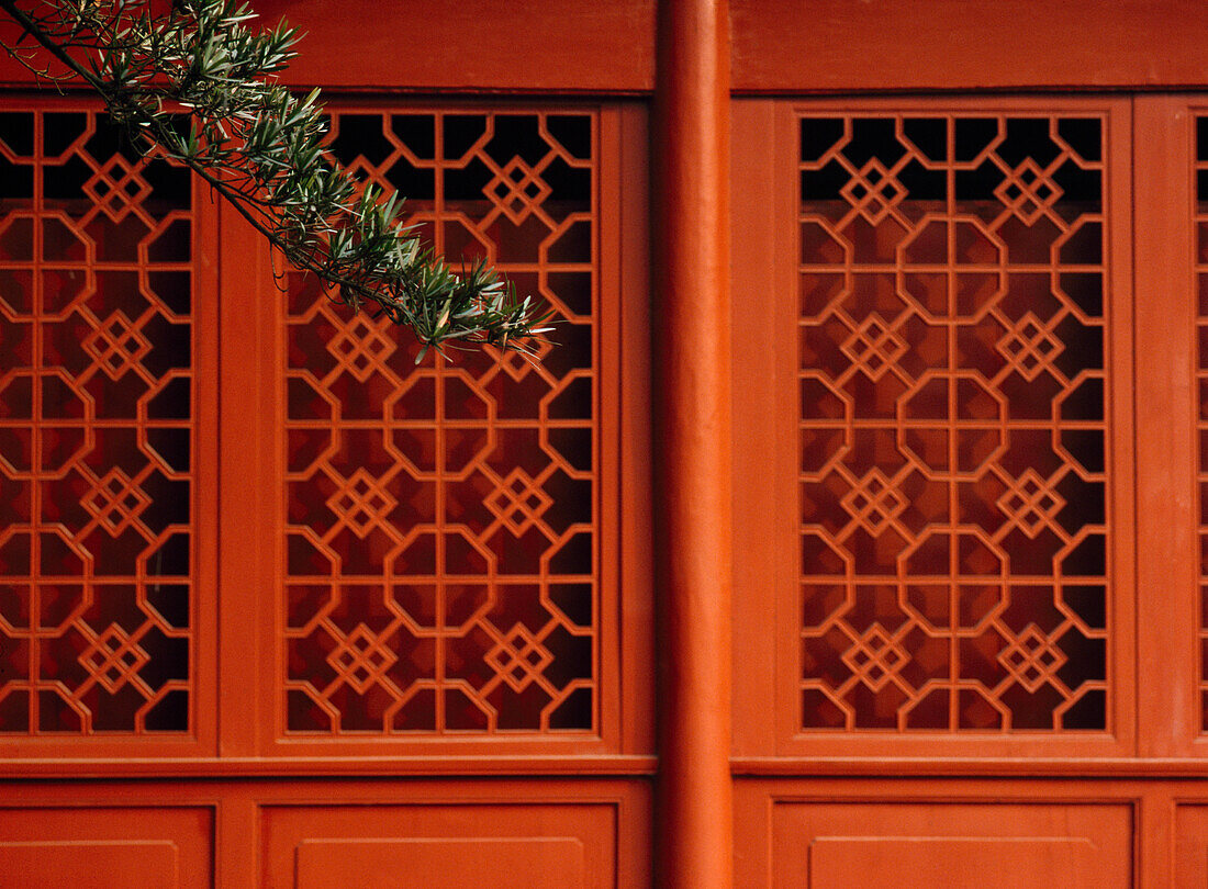 Detail of red building and tree, Bamboo Park, Chengdu, Sichuan, China