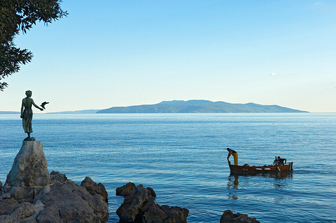Waterfront of Opatija showing statue 'Girl holding seagull' by Zvonko Car, Croatia