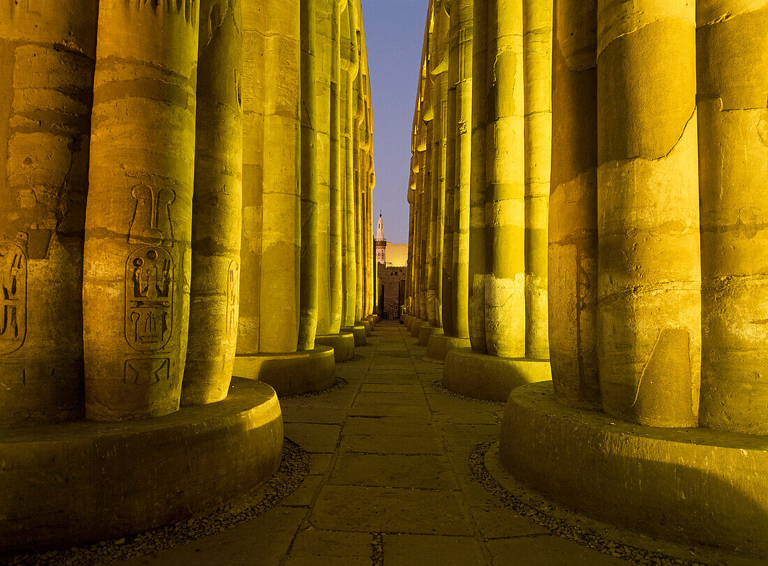 Columns in Court of Amenophis 3rd leading to Mosque of Abu el-Haggag, Luxor Temple, Luxor, Egypt