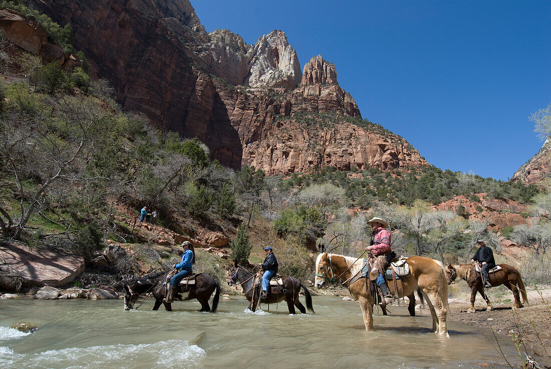 USA, Utah, Zion National Park, horse riders crossing Virgin river