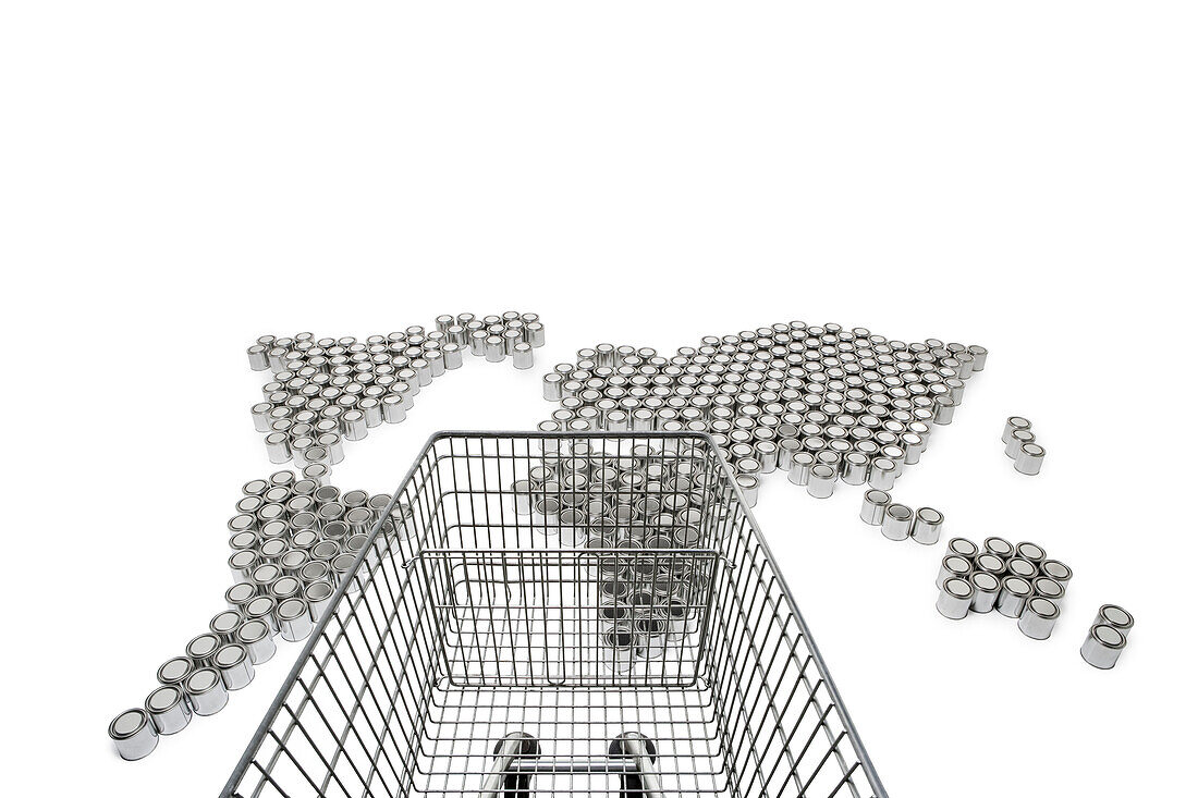 Shopping trolley and world map made of metal cans