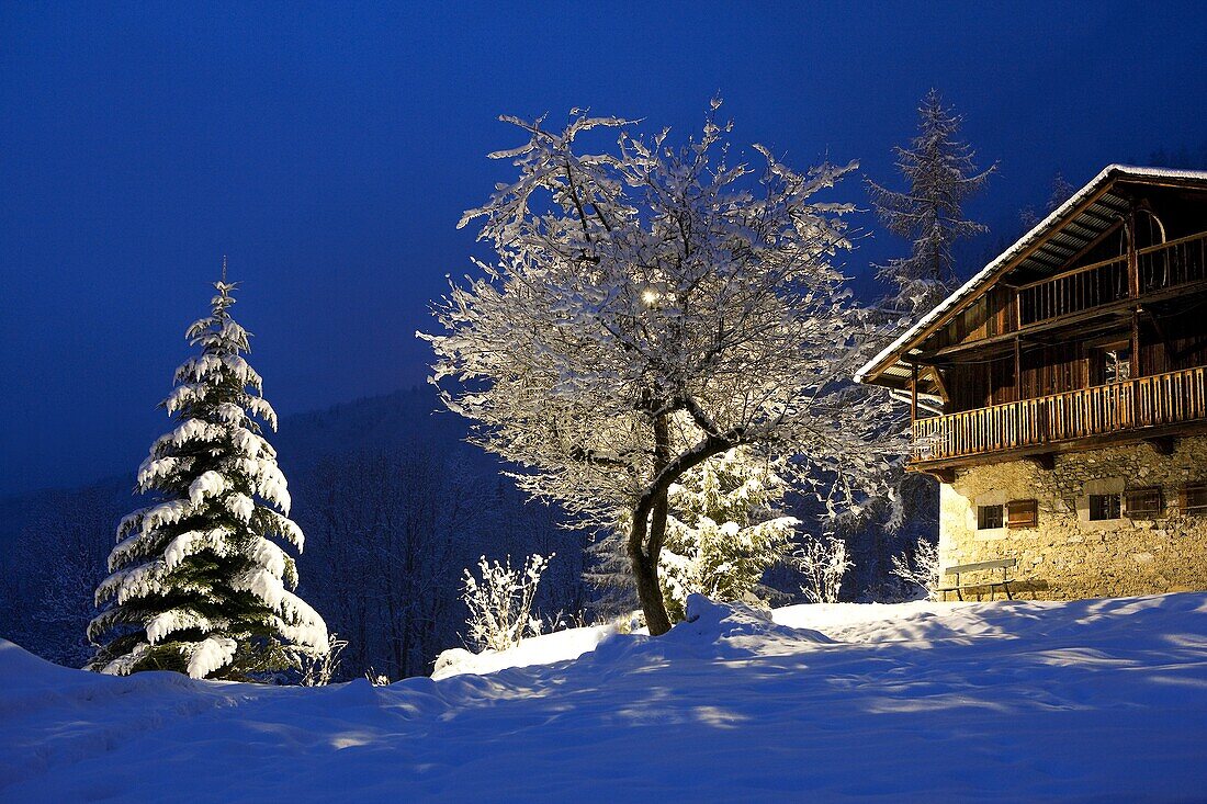 France, Alps, Haute Savoie, snowed chalet by night