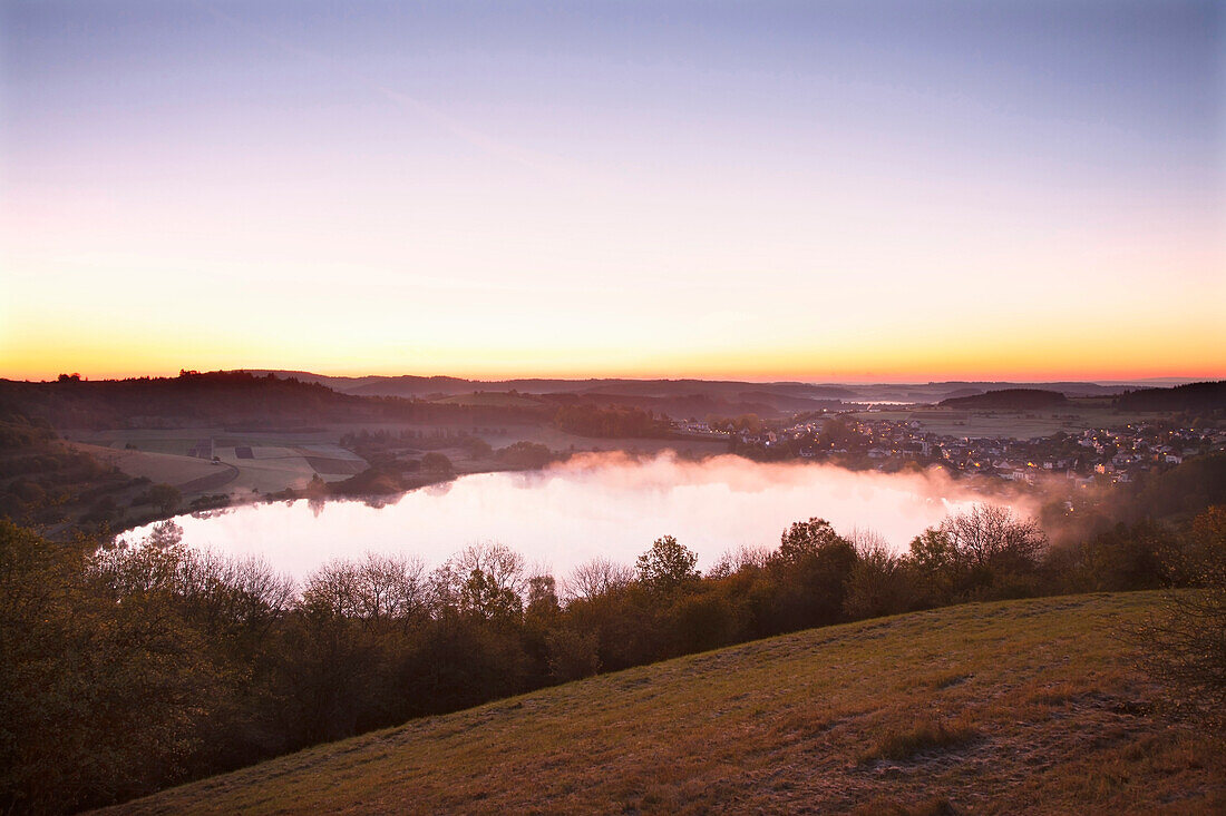 Dawn at Schalkenmehren Maar, near Daun, Eifel, Rhineland-Palatinate, Germany, Europe