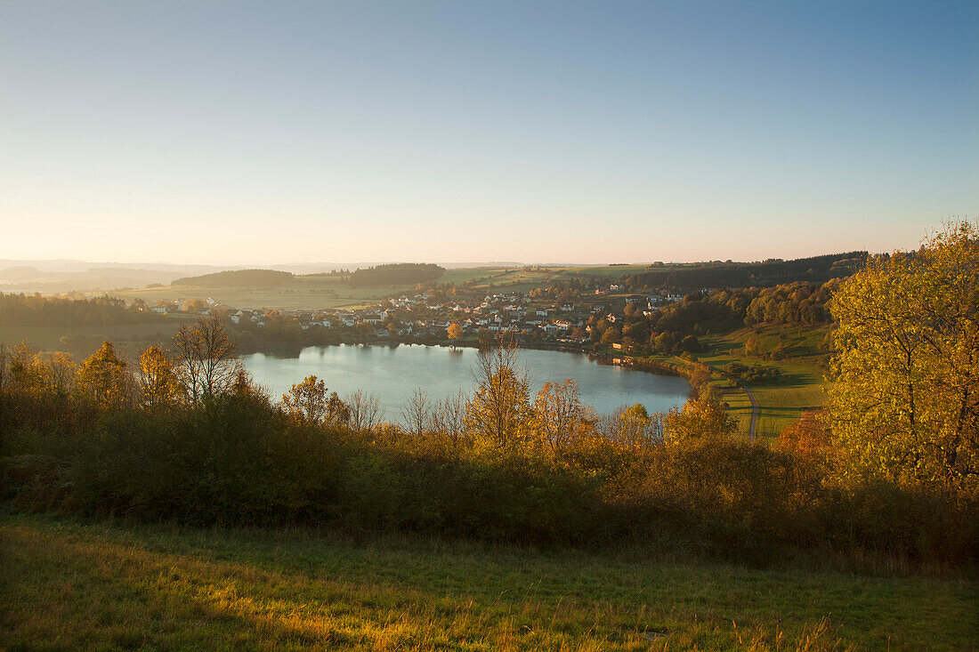 Schalkenmehren Maar in the sunlight, near Daun, Eifel, Rhineland-Palatinate, Germany, Europe