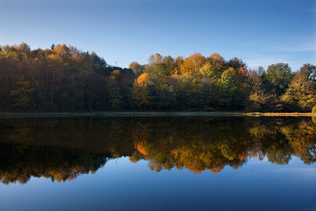 Reflection on Mosenmaar, crater lake on Mosenberg hill, at Bettenfeld, near Daun, Eifel, Rhineland-Palatinate, Germany, Europe