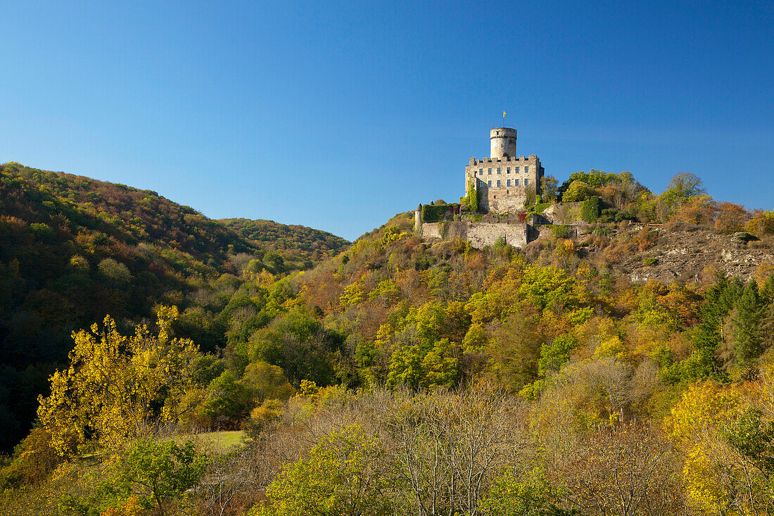 Burg Pyrmont unter blauem Himmel, Eifel, Rheinland-Pfalz, Deutschland, Europa