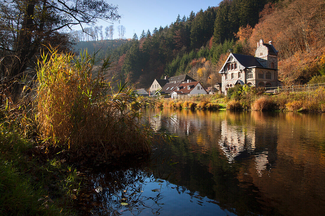 Häuser am Fluss Bode im Sonnenlicht, Treseburg, Bodetal, Harz, Sachsen-Anhalt, Deutschland, Europa