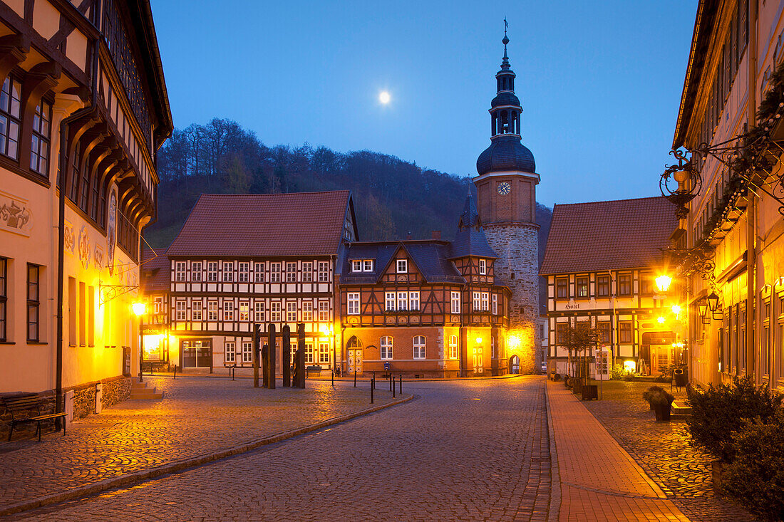 Old town alley leading to the market place at night, Saiger tower, Stolberg, Harz mountains, Saxony-Anhalt, Germany, Europe