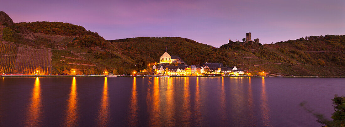 Panorama view of Beilstein and Metternich castle in the evening, Moselle river, Rhineland-Palatinate, Germany, Europe