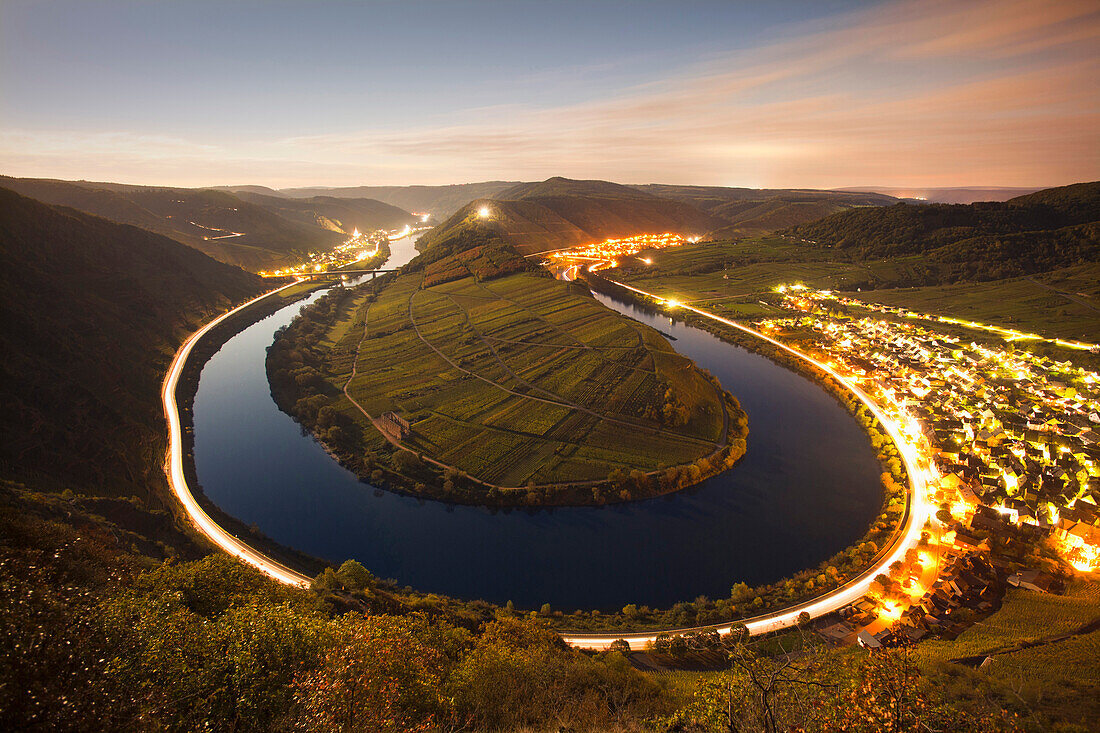 View from Bremmer Calmont vineyard to the Moselle sinuosity in the evening, Bremm, Moselle river, Rhineland-Palatinate, Germany, Europe