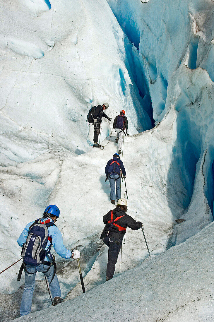 Glacier walking on the Briksdal Glacier, Jostedal Glacier National Park. Norway