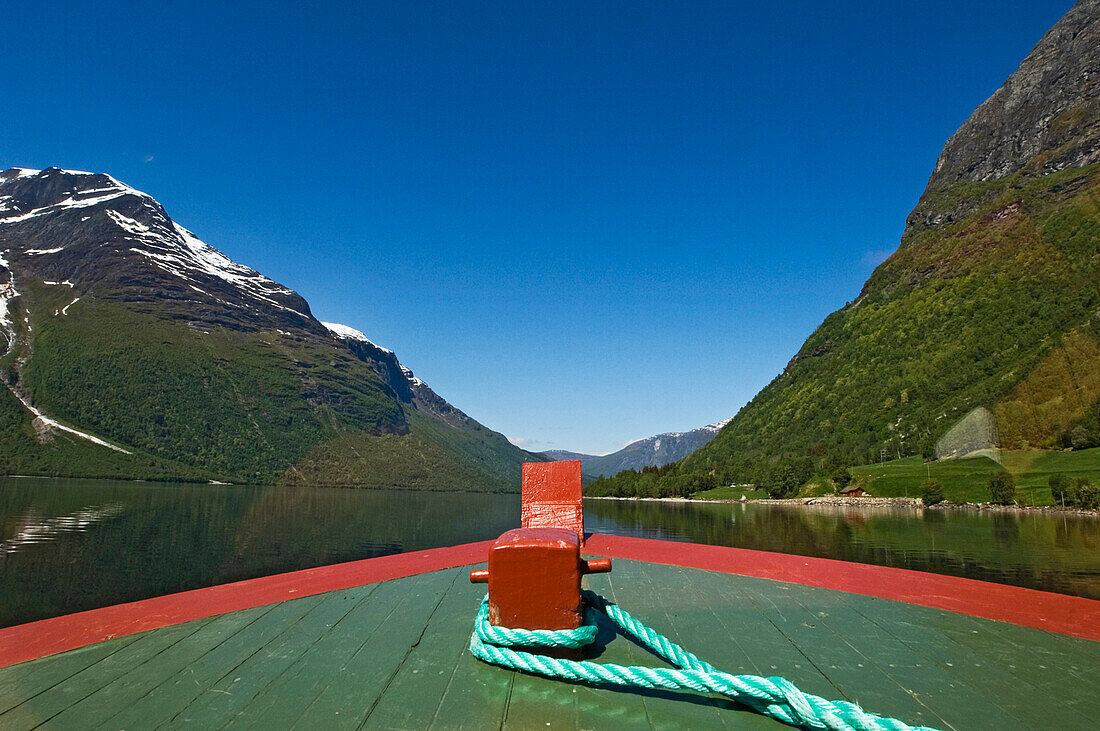 Bow of boat on Lovatn lake, Near Loen. Lodal Valley. Nordfjord. Norway.