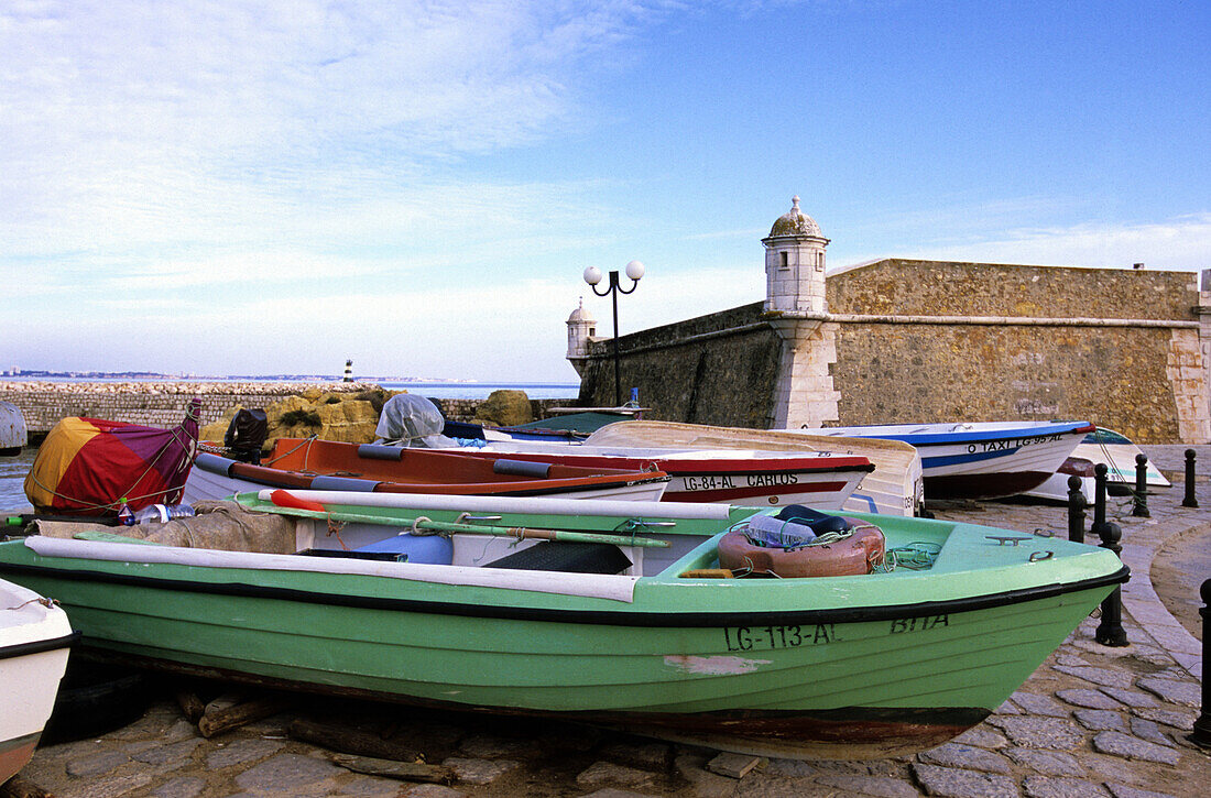 Fishing Boats in front of Fort, Forte da Ponta da Bandeira, Lagos, Algarve, Portugal