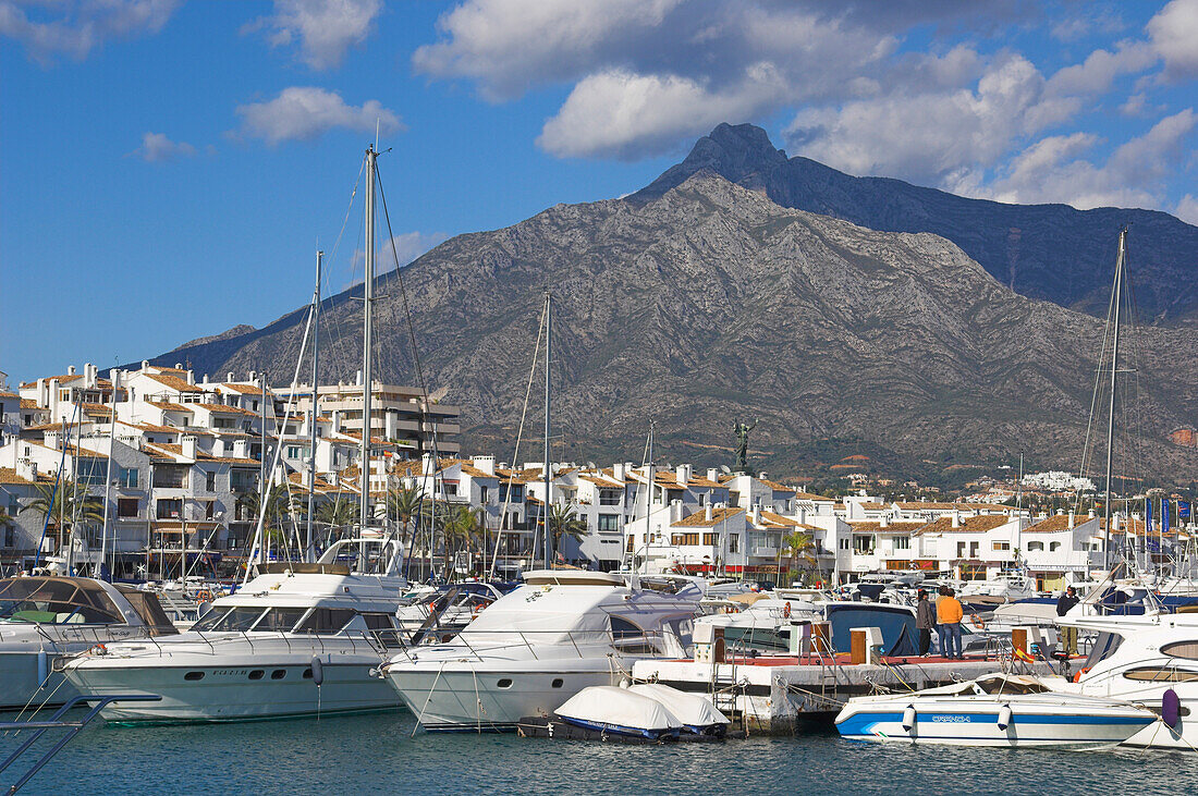 Yachts in harbour by mountain, Puerto Banus, Costa Del Sol, Spain