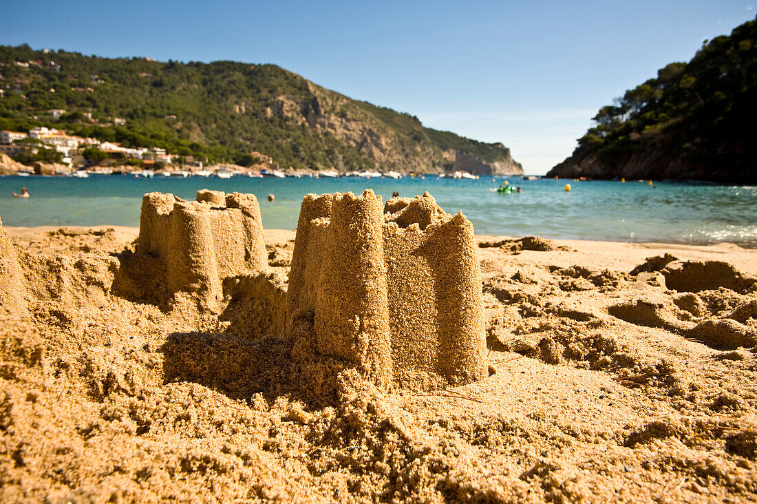 Sand castle on Aiguablava beach, Begur, Costa Brava, Catalunya, Spain
