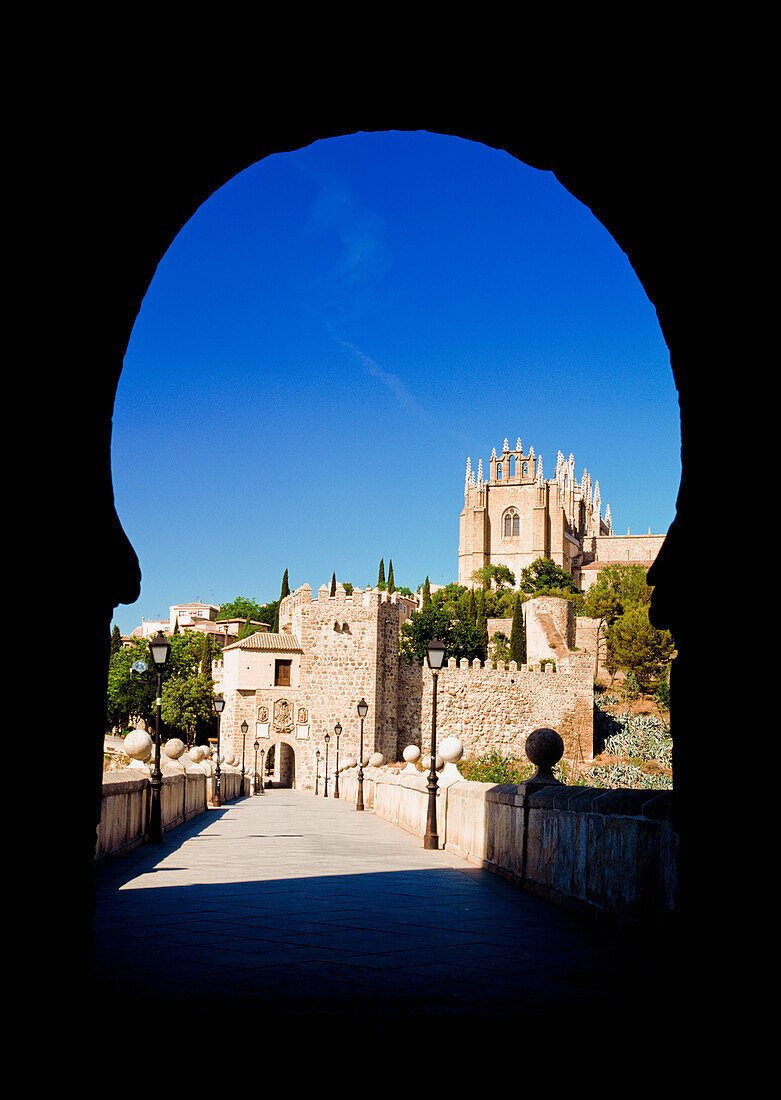 Church of San Juan de los Reyes viewed along Puente de San Martin, Toledo, Spain, Toledo, Spain