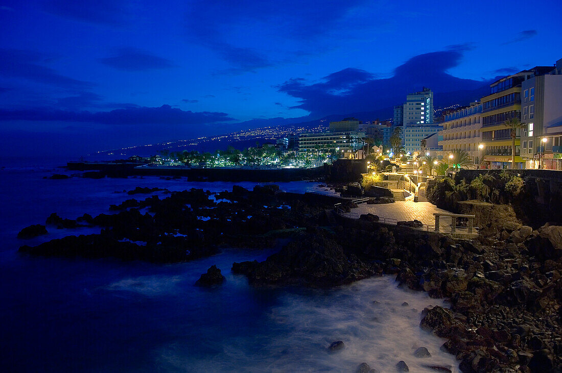 Puerto de la Cruz illuminated at night, Tenerife, Canary Islands, Spain