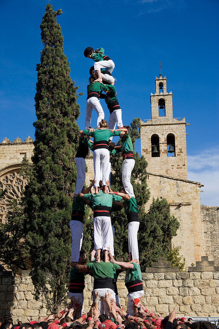 Castellers, Human Towers, In Sant Cugat Del Valles, Barcelona. Catalonia, Spain