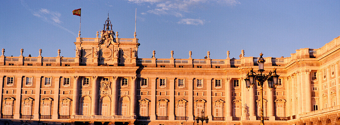 Dusk view of Plaza de Armeria adjoining the Royal Palace, Madrid, Spain