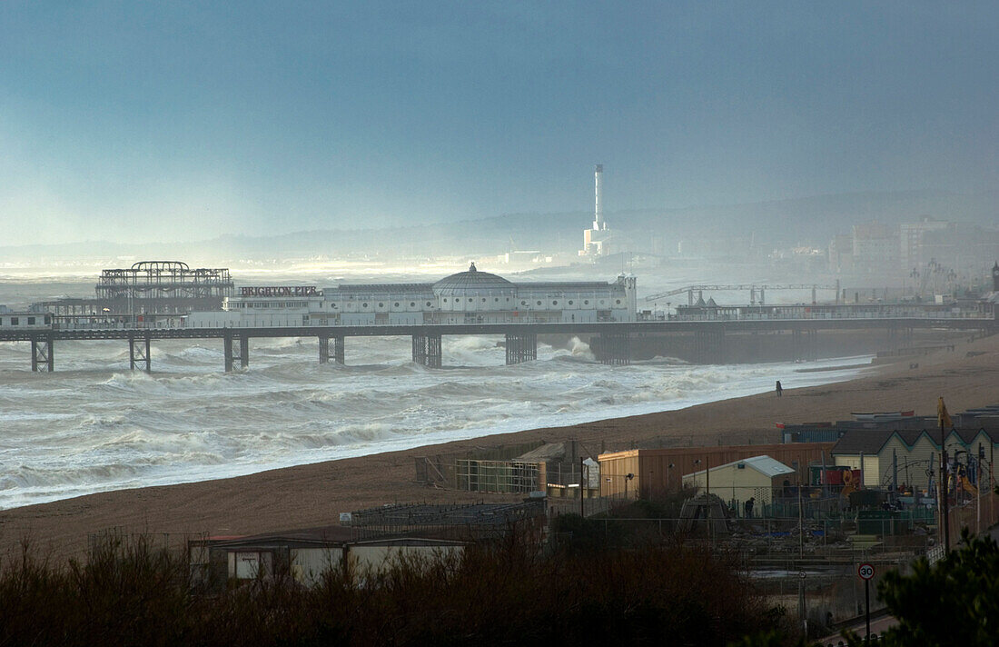 Palace Pier and Shoreham Power Station, Brighton, Sussex, England