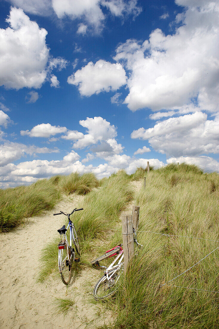 Bikes against a fence in the dunes, West Sussex, England