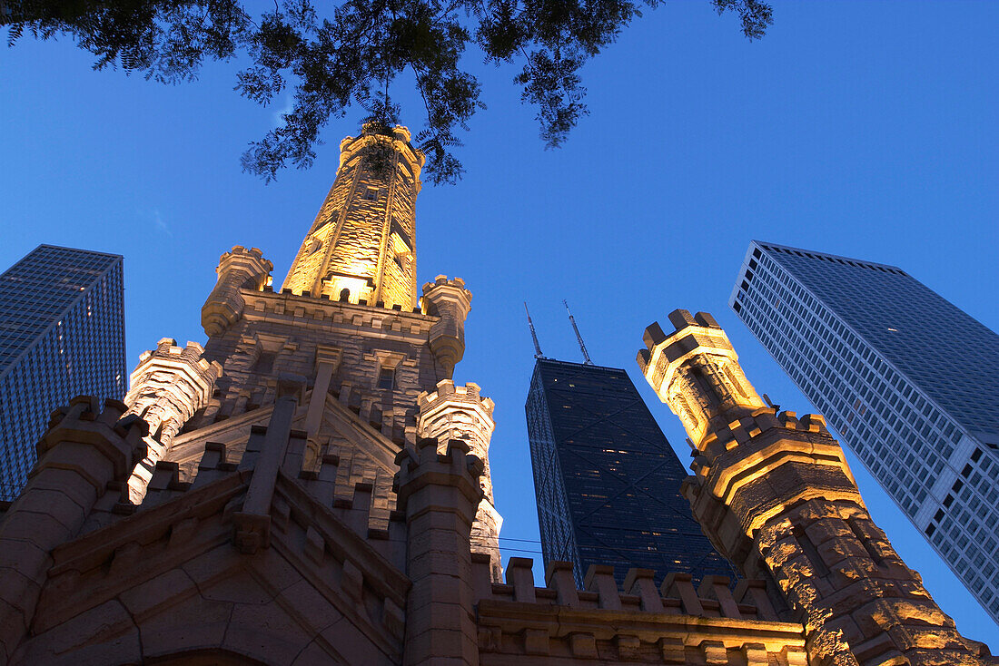 Water Tower building at dusk, low angle view, Chicago, Illinois, USA