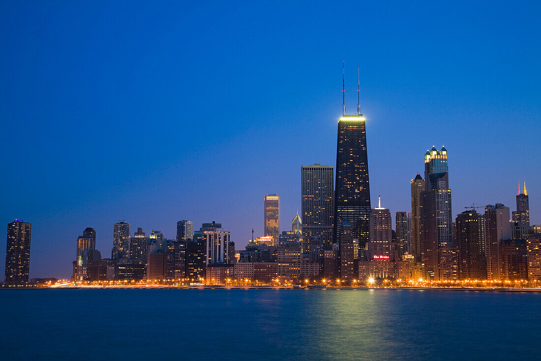 Chicago skyscrapers with John Hancock Center at night, Illinois, USA
